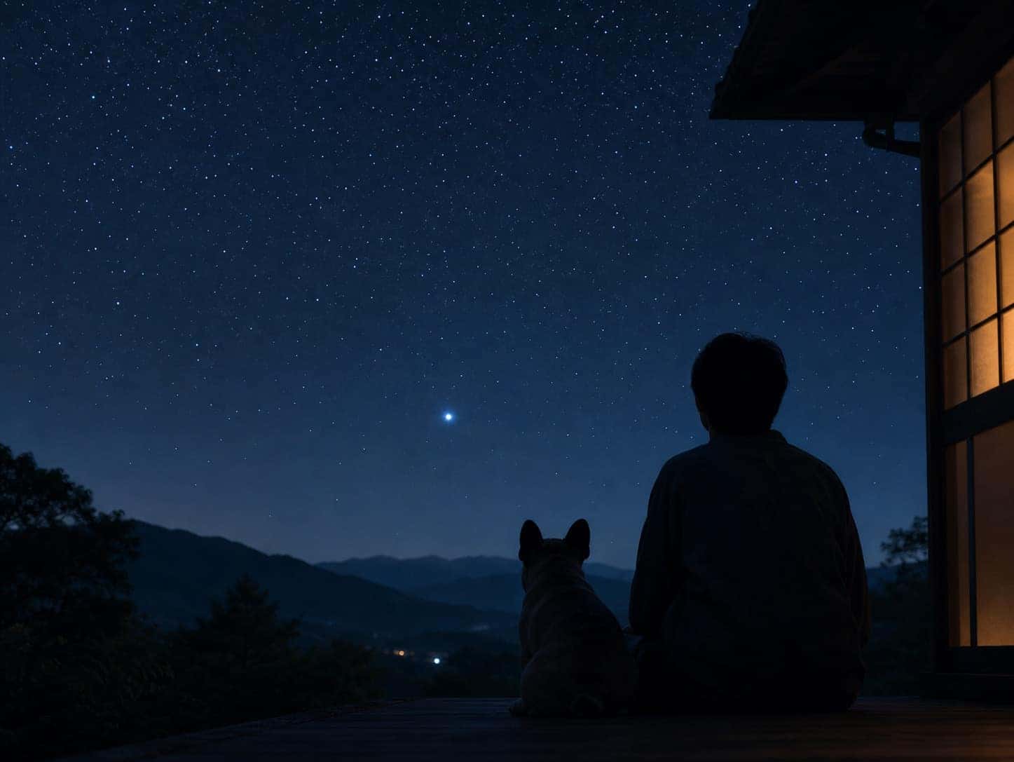 夏の夜空を見上げる人と犬