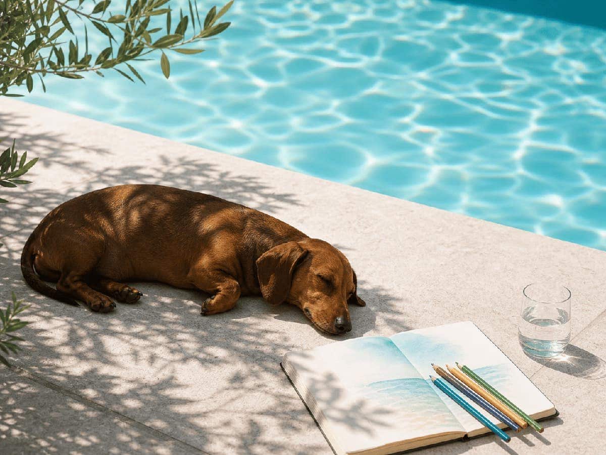 夏の光と、眠る犬を想起させるプールサイド