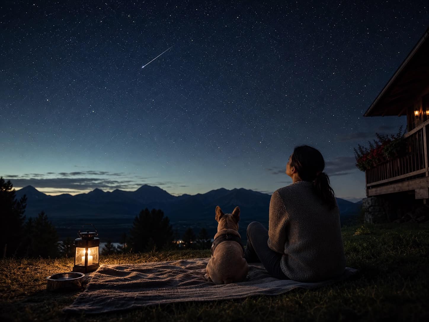 犬と夏の夜空を見上げる