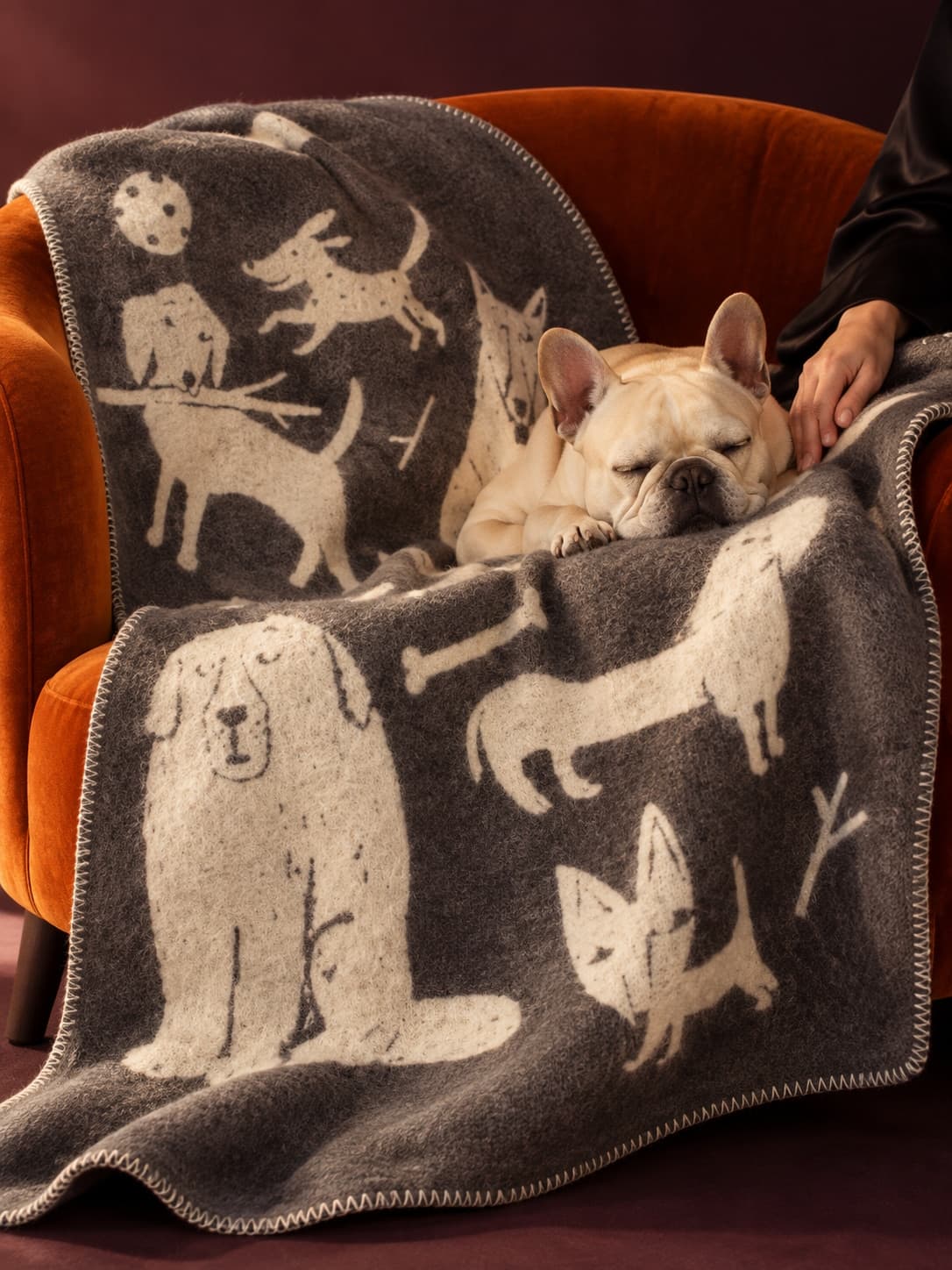 犬柄のグレーの〈LAPUAN KANKURIT〉ブランケットに包まれて眠るフレンチブルドッグのイメージ