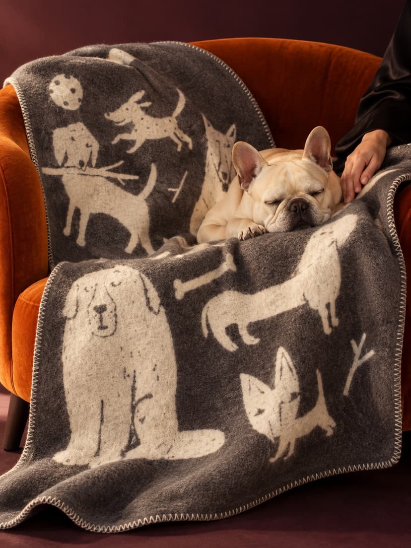 犬柄のグレーの〈LAPUAN KANKURIT〉ブランケットに包まれて眠るフレンチブルドッグのイメージ