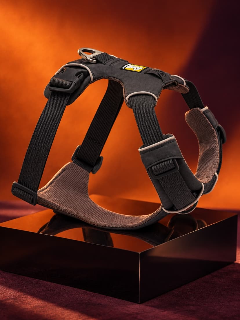 黒い台座にディスプレイした〈RUFFWEAR〉のグレーのフロントレンジハーネスのイメージ